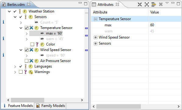 Attributes view (right) showing the attributes for the VDM