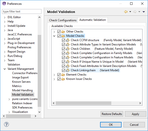 Automatic Model Validation Preferences Page