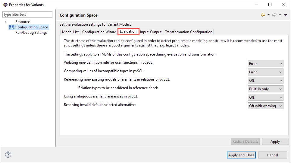 Configuration Space Evaluation Settings Page