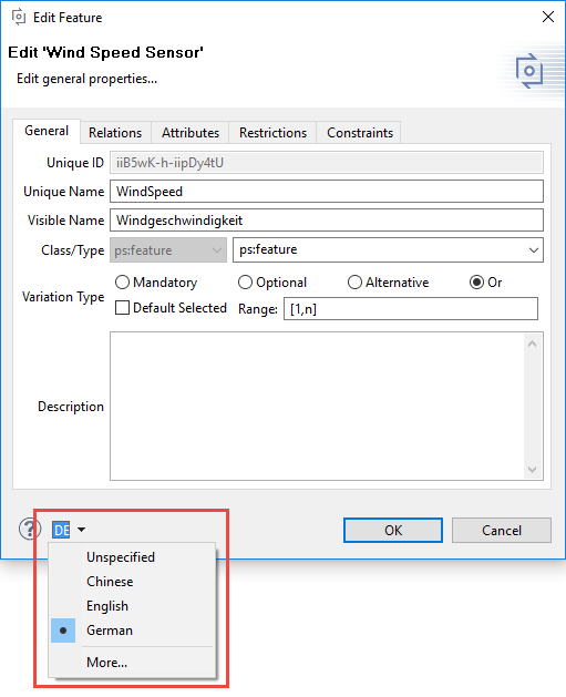 Language selection in the element properties dialog