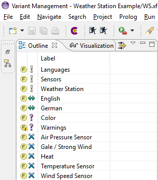 Outline view showing the list of available elements in a VDM