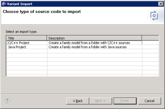 Page of the import wizard to select the type of source code that may be imported