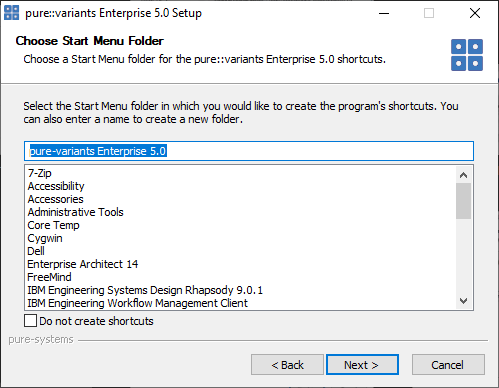 Setup pure::variants Desktop Client Start Menu