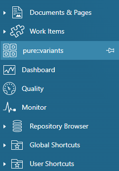 Polarion menu on the project's sidebar including pure::variants.