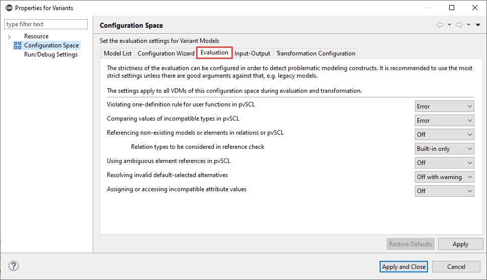 Configuration Space Evaluation Settings Page